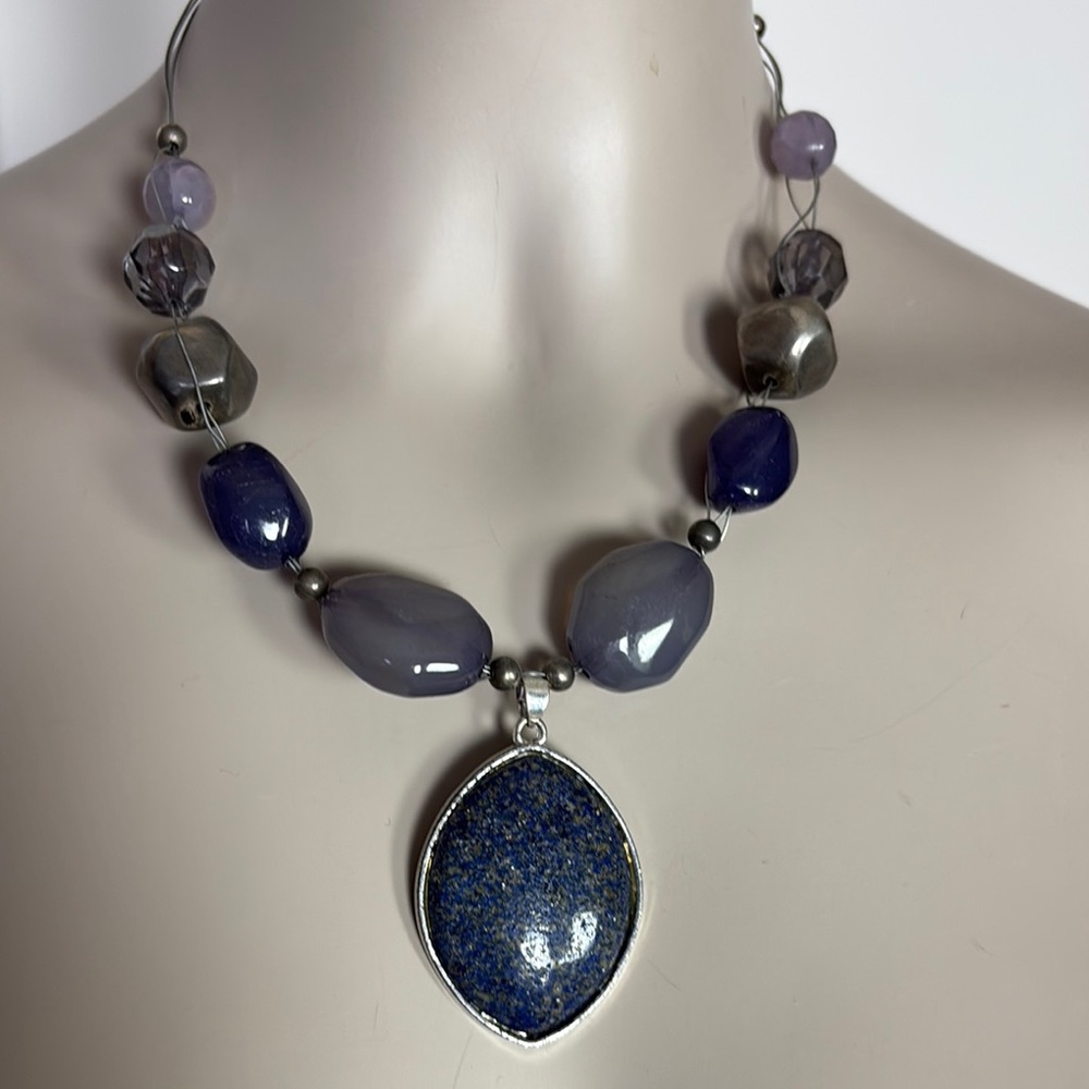 NY & Co Beaded Statement Necklace of Blue, Purple and Silver Tone Beads on Wire